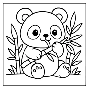 Página para colorear de un panda kawaii comiendo bambú, ideal para niños