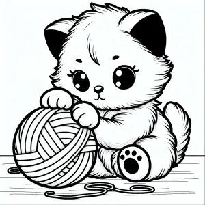 Página para colorear de un gatito tierno enredado en ovillo de lana