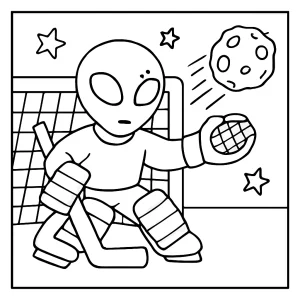 página para colorear de un portero alienígena bloqueando un asteroide en el espacio