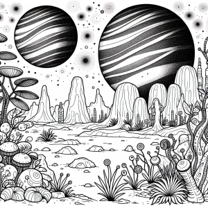 Página para colorear de un paisaje alienígena con dos lunas y plantas extrañas