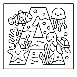 Página para colorear de la letra A rellena con criaturas marinas para imprimir y colorear
