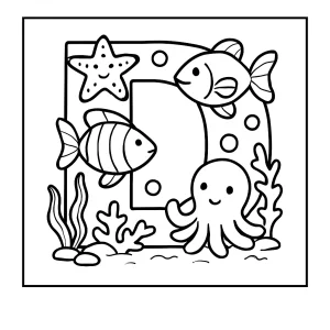 Página para colorear de la letra D decorada con criaturas marinas y animales del océano