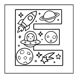 Página para colorear de la letra E decorada con planetas, estrellas y cohetes