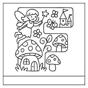 Letra F con iconos de mundo de hadas, página para colorear infantil imprimible