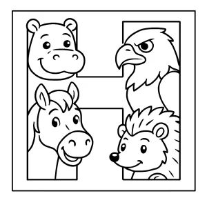 Página para colorear de la letra H con mascotas animales divertidas para imprimir y colorear