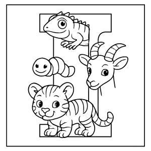 página para colorear de la letra I decorada con animales y mascotas, para imprimir y colorear gratis