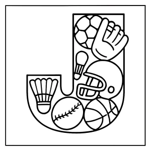 Letra J llena de equipo deportivo página para colorear para niños