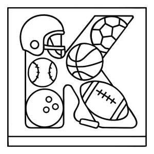 Página para colorear de la letra K rellena con balones, raquetas y otros objetos deportivos para niños