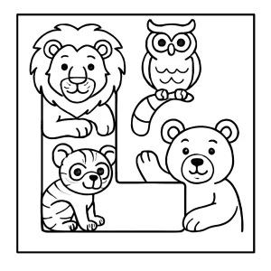 Página para colorear de la letra L decorada con animales mascotas para imprimir y colorear gratis