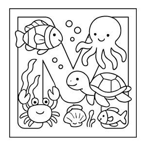 page de coloriage de la lettre M remplie de créatures sous-marines amusantes à imprimer et colorier