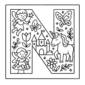 Letra N con íconos de mundo de hadas, página para colorear para imprimir gratis