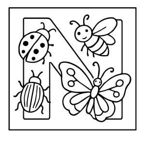 Página para colorear de la letra N llena de bichos de jardín para imprimir y colorear