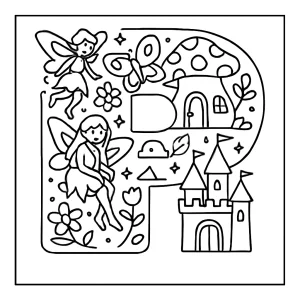 página para colorear de la letra P rellena de iconos de mundo de hadas, perfecta para niños