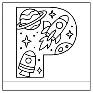Letra P con objetos espaciales - página para colorear para imprimir gratis