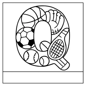 página para colorear de la letra Q rellena con equipo deportivo