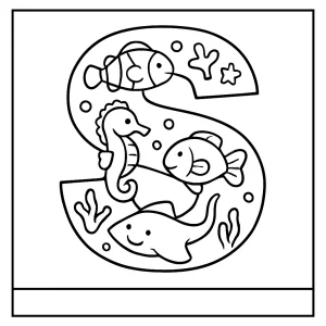 Página para colorear de la letra S con criaturas marinas para imprimir