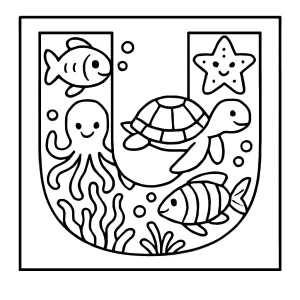 Letra U decorada con criaturas submarinas, página para colorear para niños