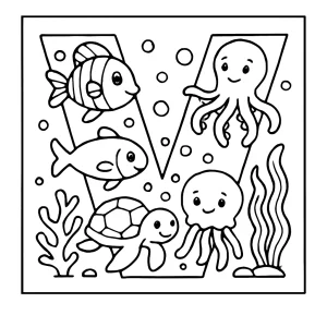 Página para colorear de la letra V decorada con criaturas submarinas como peces, pulpos y caballitos de mar, lista para imprimir y colorear.