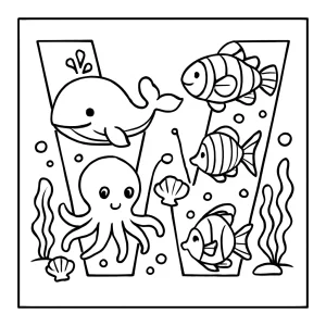 Letra W llena de criaturas marinas página para colorear para imprimir y colorear gratis