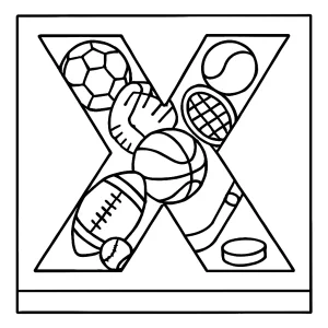 Página para colorear de la letra X llena de equipo deportivo, ideal para niños.