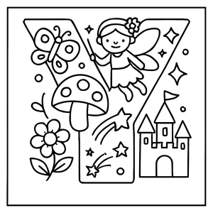página para colorear de la letra Y con iconos de hadas y fantasía para niños