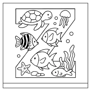 Página para colorear de la letra Z decorada con criaturas submarinas, ideal para niños y actividades educativas
