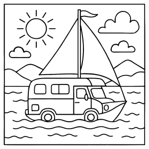 page de coloriage van amphibie se transformant en voilier sur un lac pour enfants à imprimer gratuitement
