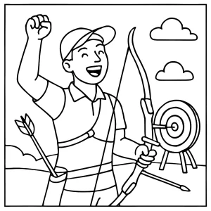 Página para colorear de atleta de tiro con arco celebrando la victoria