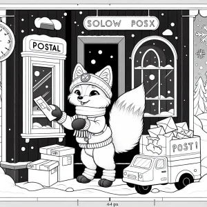 page de coloriage d’un renard polaire facteur triant des cartes postales dans un bureau de poste enneigé