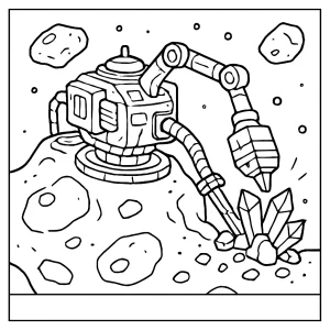 Asteroid mining rig página para colorear, escena técnica de robot extrayendo cristales de un asteroide en el espacio