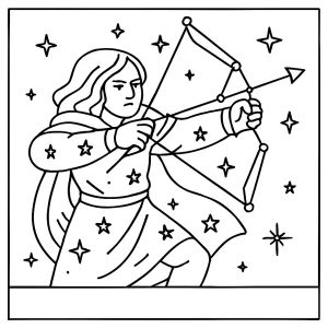 Página para colorear de arquera astral con arco de constelaciones, dibujo imprimible para niños