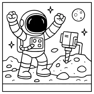 Página para colorear de astronauta celebrando minería de asteroides en el espacio, para imprimir y colorear gratis
