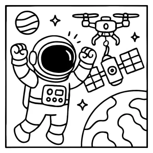 Página para colorear de astronauta y dron reparando y celebrando junto a un satélite en el espacio