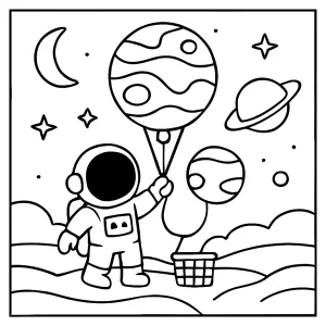 Página para colorear de astronauta viajando en globo espacial y descubriendo un exoplaneta