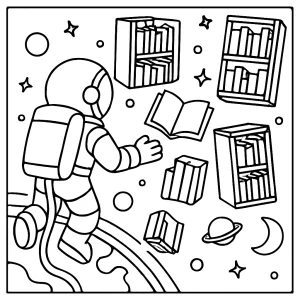 Página para colorear de astronauta con biblioteca de libros flotantes en el espacio