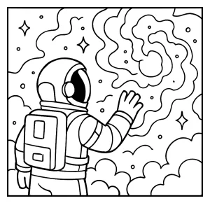 Página para colorear de un astronauta descubriendo una guardería de nebulosas en el espacio exterior, imprimible y gratis