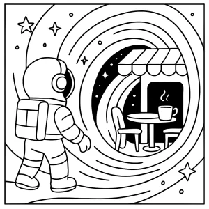 Página para colorear de un astronauta en un café del agujero de gusano, ideal para imprimir y colorear gratis