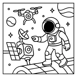 Página para colorear de astronauta explorando y reparando un dron satelital en el espacio exterior