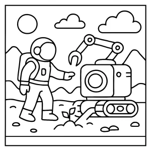 Página para colorear de astronauta explorando con robot terraformador en un planeta alienígena