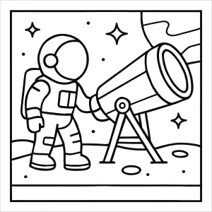 página para colorear de un astronauta explorando un telescopio de rayos X en el espacio