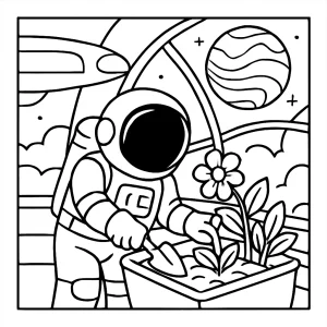 Página para colorear de un astronauta jardinero en una nave sobre Venus, para imprimir y pintar.