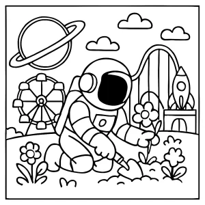 Página para colorear de astronauta jardinero en parque de anillos espacial, lista para imprimir y colorear gratis