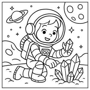Página para colorear de una niña astronauta recolectando cristales en un planeta espacial