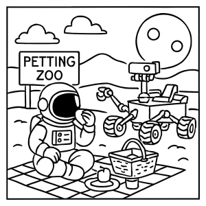Página para colorear de astronauta en picnic con rover y mascotas en Marte