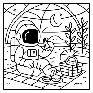 Página para colorear de un astronauta haciendo un picnic en un invernadero lunar, rodeado de plantas y paisajes espaciales.