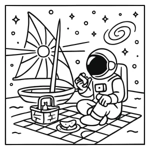 Página para colorear de un astronauta haciendo picnic en un velero impulsado por un pulsar en el espacio