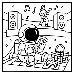 Astronauta disfrutando de un picnic en una sala de conciertos en gravedad cero, página para colorear para imprimir gratis