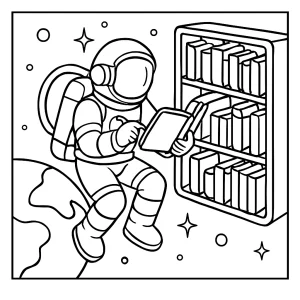 Página para colorear de astronauta investigando en una biblioteca de libros flotantes en órbita