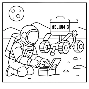 Página para colorear de un astronauta realizando investigación en un rover minero de helio-3 en la superficie lunar