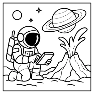 Página para colorear de un astronauta investigando un volcán de hielo en Encelado